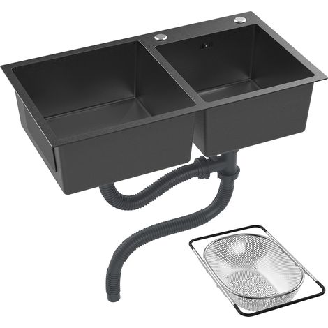 WILITTO Évier de cuisine encastré 2 cuves – Acier inoxydable revêtement nano, dimensions 30,7 x 16,9", livré avec bonde et panier de vidage (1/5)