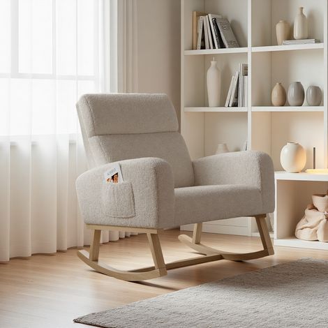 Fauteuil à bascule, fauteuil de relaxation, chaise ergonomique, tissu velours, pieds bois et métal, idéal pour le salon et la chambre, beige (Livraison locale, garantie 2 ans). (1/5)
