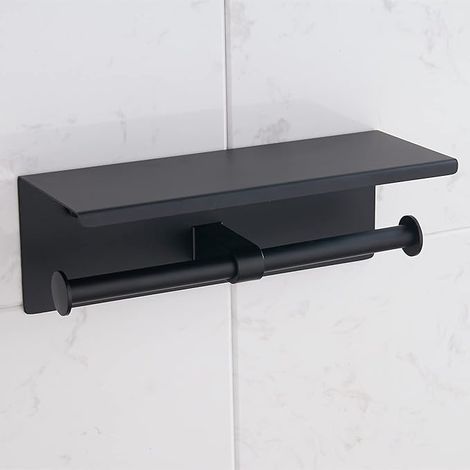 Porte-rouleau de papier toilette mural en acier inoxydable 304 noir mat, à double colonne. Convient pour la salle de bain. Distributeur de papier toilette commercial avec support pour téléphone. (1/5)