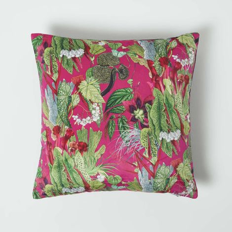 HOMESCAPES Hot Pink Tropical Leaf Velvet Cushion 46 x 46 cm