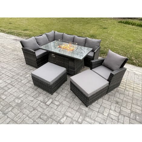 Fimous 9 Seater Rattan Garden Furniture Set High Back Corner Sofa Gas Fire Pit Dining Table Sets Gas Heater with 2 Big Footstool Armchair Dark Grey Mixed