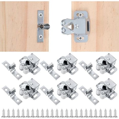Set mit 6 Möbelriegeln für Schranktüren, Doppelrollenriegel aus Edelstahl, mit 24 Schrauben, silberner Doppelrollenriegel, Türriegel für (1/4)