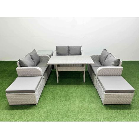 Fimous 8 Seater PE Wicker Rattan Furniture Sofa Sets with Rectangular Dining Table 2 Seater Love Sofa 2 Big Footstool Side Table Light Grey (1/4)