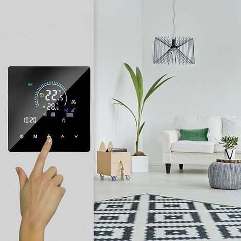 Thermostat intelligent WiFi à écran couleur IP20 pour climatisation centrale 5-60 °C, unité de ventilation/chauffage au sol à double alimentation, thermostat de refroidissement et de chauffage au sol (1/5)