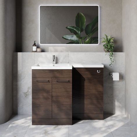 Napoli 460 Brown Oak 1100mm 2 Door Vanity Unit Toilet Suite with Left Hand Square Lucia Basin - 1100mm - Chrome 160mm HandleWithout Kingston Toilet Pan