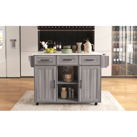 Grand chariot de service 139 × 46(71) × 91,5 cm, corps en placage bois gris massif et plan de travail décor marbre blanc, avec armoire et plateau rabattable