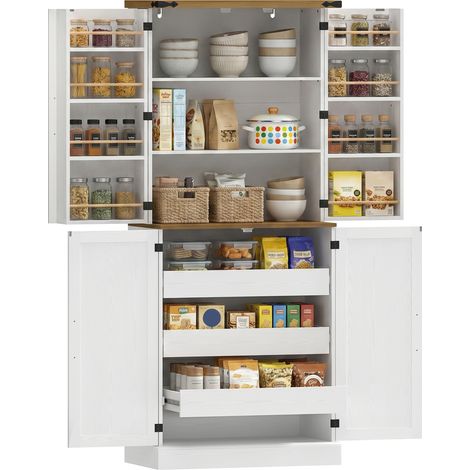 Buffet haut cuisine 4 portes 3 tiroirs 8 porte-racks étagères réglables, 76x40x182 cm, blanc (1/5)