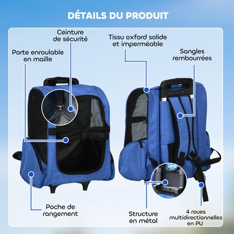 Sac de transport à roulettes pour chien 2 en 1 trolley chariot poignée téléscopique, sacs rangement 42 x 25 x 55 cm bleu (1/5)