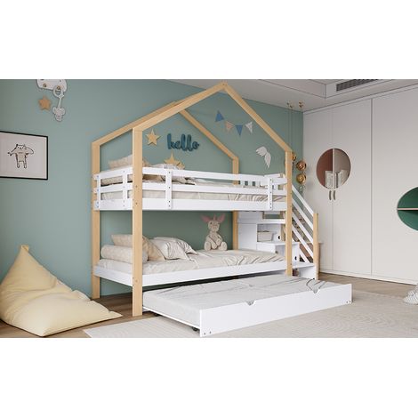 Lit superposé, lit cabane extensible, lit coulissant, escalier avec 3 tiroirs, lit pour enfant avec protection antichute et garde-corps pour lit enfant, avec sommiers à lattes, Naturel+Blanc (90x200cm (1/5)