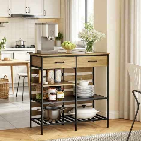 Buffet de cuisine 90 x 40 x 91 cm en bois clair et métal, 2 tiroirs, 3 niches ouvertes, rangement pour vaisselle et appareils, pieds réglables pour salon et salle à manger, CHICFURN (1/5)