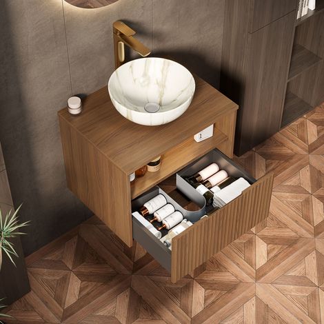 Meuble vasque suspendu de 60cm, avec vasque en céramique blanche imitation pierre, avec tiroir, étagère, sans montage, chêne brun (1/5)