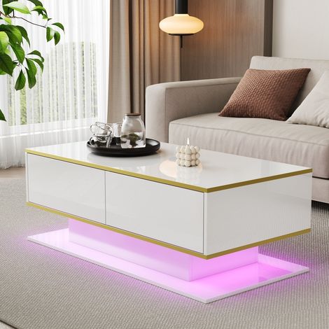 Table basse fixe moderne-3 tiroirs-éclairage LED USB-finition brillante et dorée-Blanc-100x50x40cm (1/5)