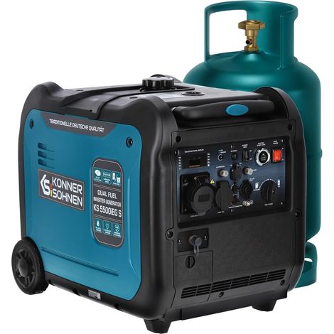 LPG/Benzin-Inverter-Generator KS 5500iEG S von Könner & Söhnen. Schallgedämmtes Gehäuse (66 dB Lpa 7 m). Höchstleistung 5500 W, Schuko-Steckdose 230 V, CEE-Steckdose 230V 32A, 2 USB-Anschlüsse, EURO V (1/5)
