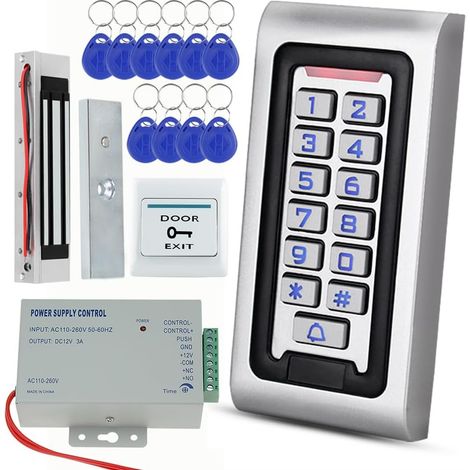 Kit de système de contrôle d'accès indépendant avec Clavier en métal étanche IP68, Verrouillage magnétique en Mode NC (180 kg/350 LB), dix Porte-clés RFID 125 KHz, Source de (1/5)