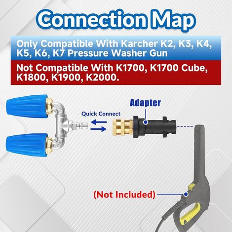 Doppelturbodüse für Hochdruckreiniger, 360° drehbare Düse mit Adapter, kompatibel mit Kärcher K2, K3, K4, K5, K6, K7, 1/4"-Schnellanschluss, 15–23 l/min (4–6 gpm), 280 bar (1/4)