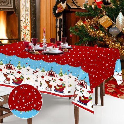 Nappe Noel Anti Tache, Nappe de Noël en Plastique PVC Rouge Nappe de Fête Anti Taches Rectangulaire Nappes et Chemin de Table de Dîner Jetable 120 x 180 cm Grande pour Décoration de Table de Noël