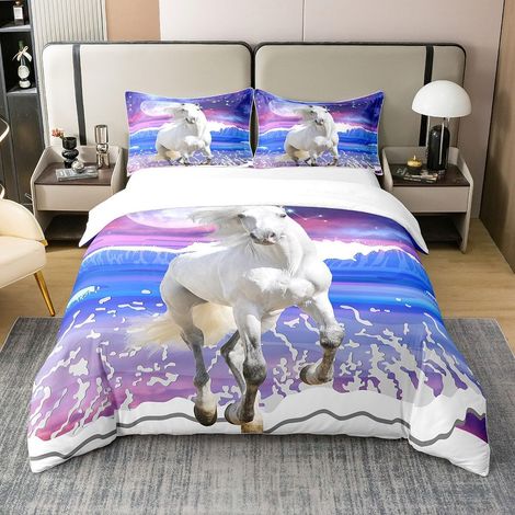 Chevaux en Cours d'exécution 100% Coton Housse de Couette 140x200cm Chevaux Parure de Lit Enfants garçons Filles Mignon Animaux Décoration Literie Set La mer Waves Ensemble de lit - 140 x 200 cm + 1 t (1/5)