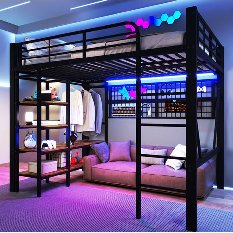 Cama alta dormitorio con LED y almacenamiento negra OKMYHOME (1/5)