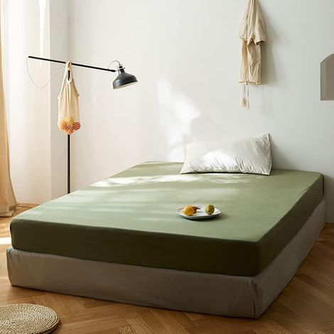 1 Drap Housse, Microfibre, 140x200 cm, Vert Olive, Bonnet 30 cm, Matelas Épais, Respirant (1/5)