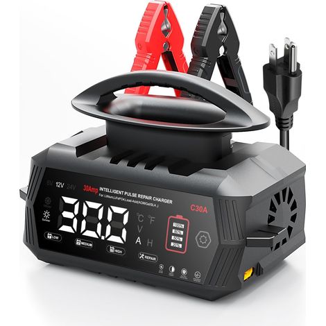 Cargador de baterías C30A de 6V/12V/24V para automóviles, motocicletas, cortadoras de césped, embarcaciones, litio, LiFePO4 y plomo-ácido (AGM, gel, MF, EFB, SLA, VRLA, húmedas)