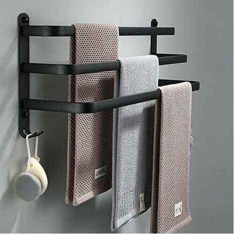 Bathroom Towel Rail, Black Adhesive Wall-Mounted Towel Bars for Shower and Kitchen, Waterproof Towel Bars with Hook ZDXR8 (50cm, Three Bars) (1/4)