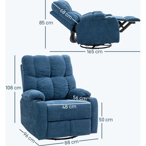 Fauteuil TV inclinable bleu foncé balançoire et pivotant,repose-pieds,ressort et porte-gobelet,confort optimal pour le salon.