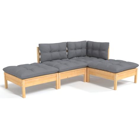 Salon de jardin 4 pcs avec coussins gris Bois de pin massif (1/5)