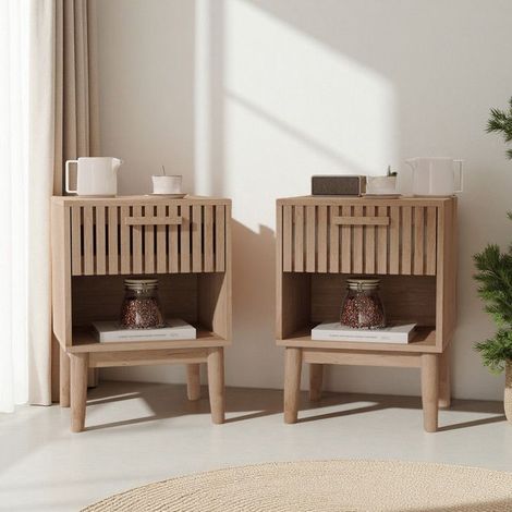 Mesa de Noche - Diseño Minimalista - Madera Maciza - Cajón Deslizante - Patas Antideslizantes