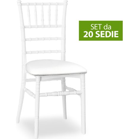 Set da 20 Sedie Chiavarine Bianche in Plastica con cuscino similpelle bianco
