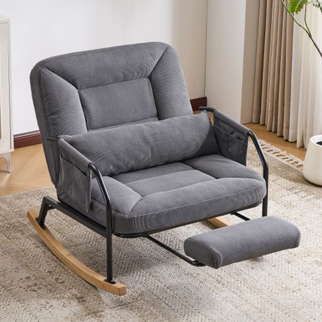 Sedia a dondolo oversize, altalena da esterno, con poggiapiedi, cuscino imbottito, schienale regolabile, in legno, stile rustico, per interni/esterni, soggiorno, camera da letto, balcone, veranda, vel (1/5)
