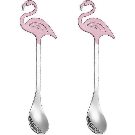 Cuillère à café flamant rose, cuillère à thé, cuillère à dessert, vaisselle en acier inoxydable, cuillère à sucre rose argentée, lot de 2 BJL (1/5)