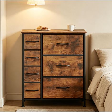 Commode 63.5x30x73 cm marron rustique et noir en bois, métal et tissu avec 7 tiroirs et dispositif anti-basculement (1/5)
