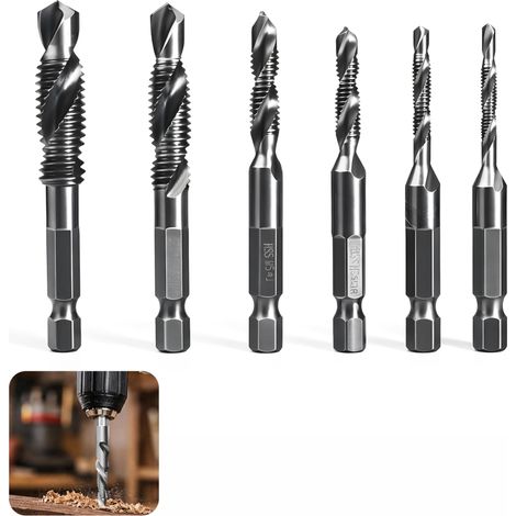Lot de 6 Forets Taraudeurs Combinés M3 M4 M5 M6 M8 M10 avec Tige Hexagonale 6 mm, Kit Taraudage, Foret Taraudeur, Taraud Machine, Revêtement Antirouille, pour Perçage et Taraudage Simultané (1/5)