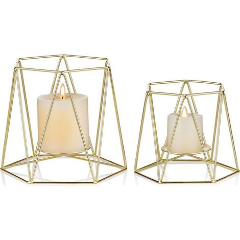Lot de 2 bougeoirs colonnes en métal doré, bougeoirs géométriques, (1/5)