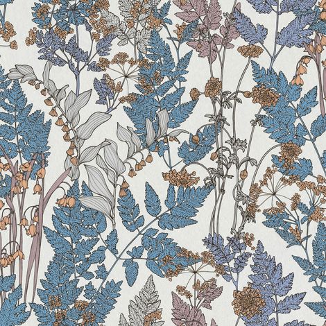 Blumen Tapete Profhome 377517 Vliestapete glatt mit floralen Ornamenten matt blau creme beige gelb 5,33 m2