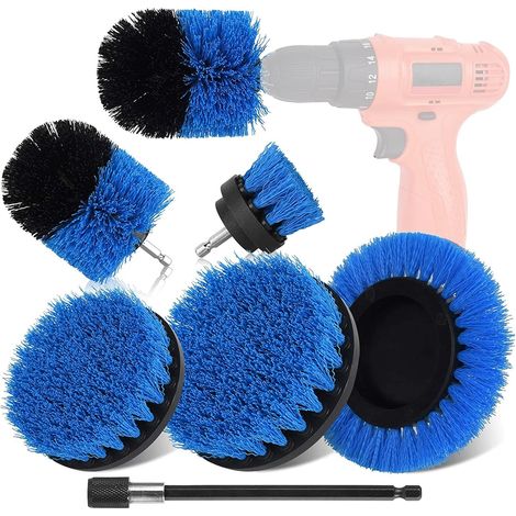 Cepillos para taladro, kit de cepillos de limpieza, cepillo multiusos para taladro de coche, azulejos, alfombras, bañeras, cocinas, inodoros (azul, 6 piezas) (1/5)