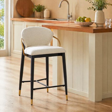 Lot de 2 tabourets de bar beige en chenille avec dossier, hauteur réglable, noir et doré (1/5)