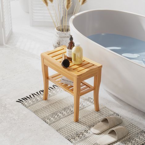Sgabello da bagno in bambù con ripiano, panca da bagno impermeabile e robusta per spa e relax, 47,5x26x44,5 cm, naturale.
