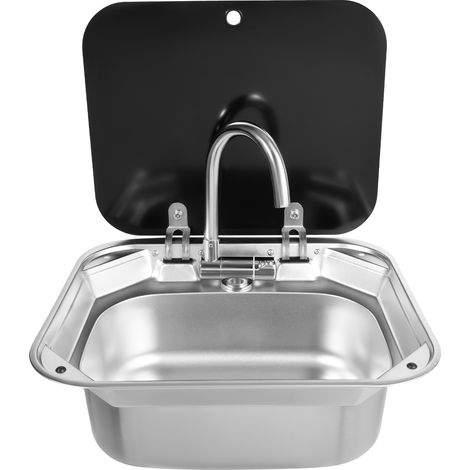 Virellio – Évier de camping-car en acier inoxydable 304 avec couvercle en verre – Évier extérieur avec robinet pliable chaude/froide – pour fourgon aménagé, caravane et bateau (1/5)