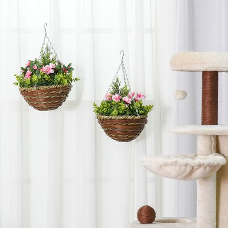 Set mit 2 künstlichen Lisianthus-Pflanzen inklusive Topf und Haken, künstliche Pflanzen aus PE und Weide, Ø 25 x 34 cm, Grün und Rosa