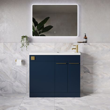 Napoli 250 Deep Blue 1000mm 2 Door Vanity Unit Toilet Suite with Round Silvo Basin - 1000mm - Brushed Brass 160mm HandleWithout Jubilee Toilet Pan