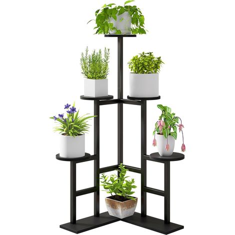 6 Niveaux Support de Plante en Métal Bois, 108cm de Haut Étagère d'Angle pour Pots de Fleurs Interieur, Porte Plantes d'Intérieur pour Terrasse Balcon Jardin Salon, Noir TMJ072B (1/5)