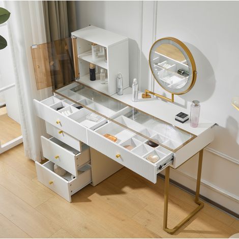 Tocador 120/45/115 cm blanco y dorado con espejo LED de 3 colores, diseño moderno (1/5)