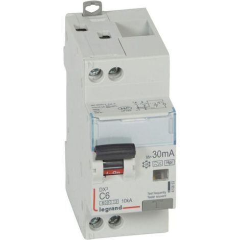 Disjoncteur différentiel monobloc DX³6000 10kA arrivée haute et départ bas à vis U+N 230V - 6A - typeF 30mA - LEGRAND
