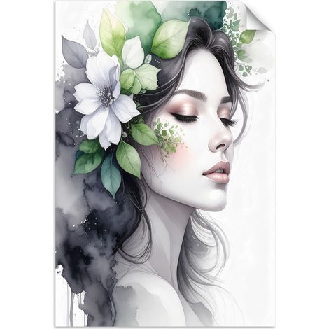 Selbstklebendes Poster – Wandsticker Frau mit grünen Blumen auf dem Kopf 20x30 cm (1/3)
