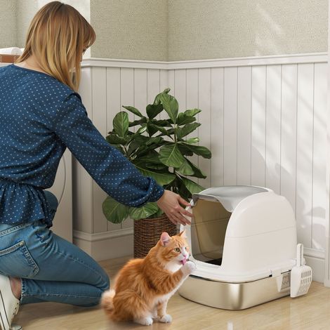 Bac à litière en acier inoxydable avec couvercle. Toilettes pour chat avec plateau. Pelle à litière incluse. Pour chats de moins de 5 kg. 52,4 x 41,3 x 42 cm. Blanc
