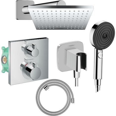 Columna de ducha termostática HANSGROHE Ecostat Square Ducha fija Vernis Shape Flexible Isiflex Pulsify teleducha cromo