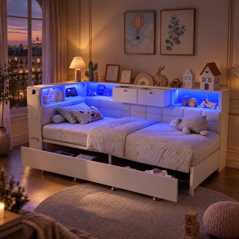 JOOKGBD-Letto imbottito 90x200 cm, letto singolo con testiera imbottita in tessuto bianco, struttura in pannelli bianchi, 2 cassetti, mensole, porte USB, striscia LED RGB per camera da ragazzi (1/5)