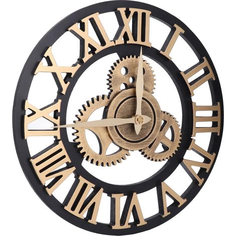 Grande Horloge Murale rétro 3D 34 cm, Horloge Murale Vintage en Bois, Chiffres, Style Industriel, Engrenages Mobiles, Horloge Murale pour la Maison, Le Salon, décoration (Or) (1/5)