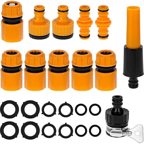 Raccord tuyau arrosage jardin, raccords rapides pour tuyaux d'irrigation set avec buse, arrêt d'eau, raccord de robinet universel, connexion 2-en-1 de 1/2 pouce et 3/4 pouce (1/5)